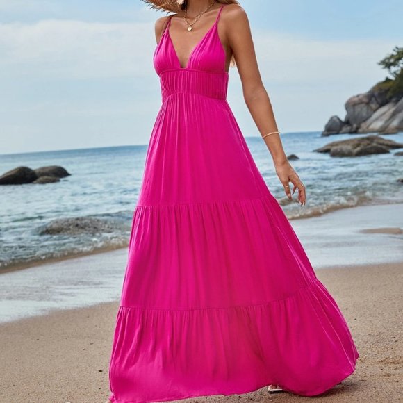 Pink Boho Womens Ruffle Hem Maxi Cami Dress - Picture 4 of 5